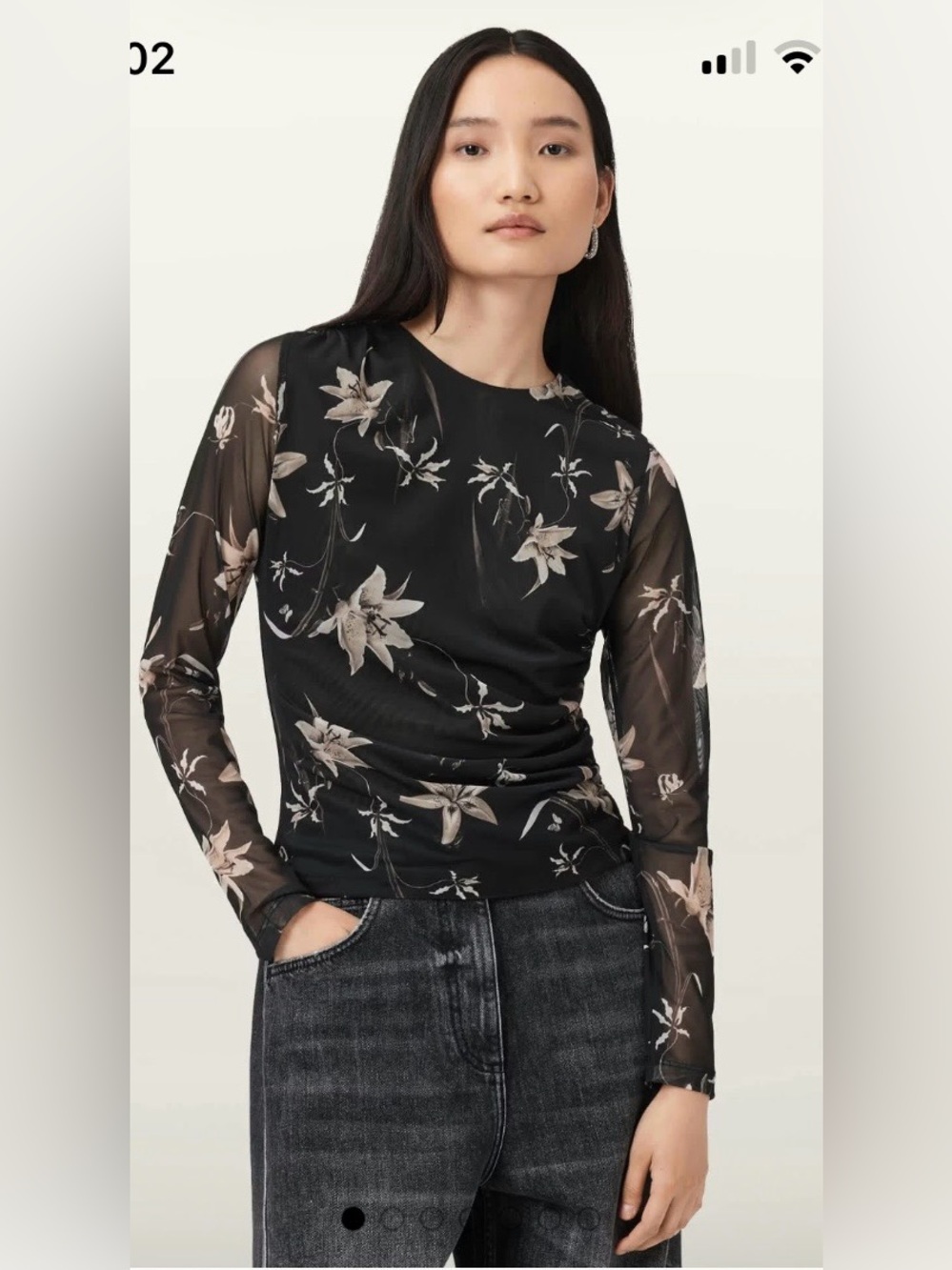 Allsaints Black Caia Floral Long-Sleeve Mesh Top US 6